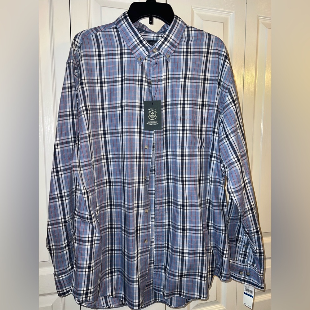 Men’s Arrow Blue Casual Shirt with Classic Plaid Design NWT